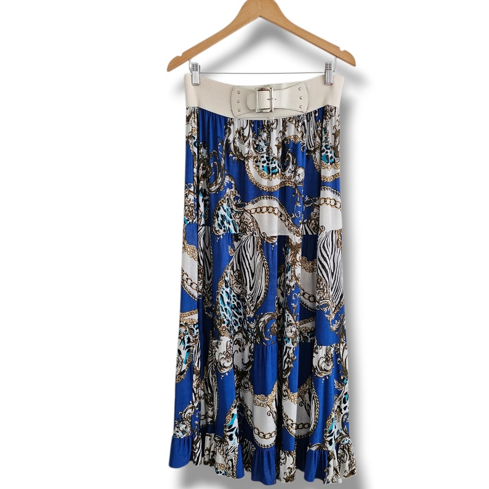 Tiered Maxi Skirt 1X Blue Gold Chain Animal Print Belted Ruffle Hem Artsy Bold‎